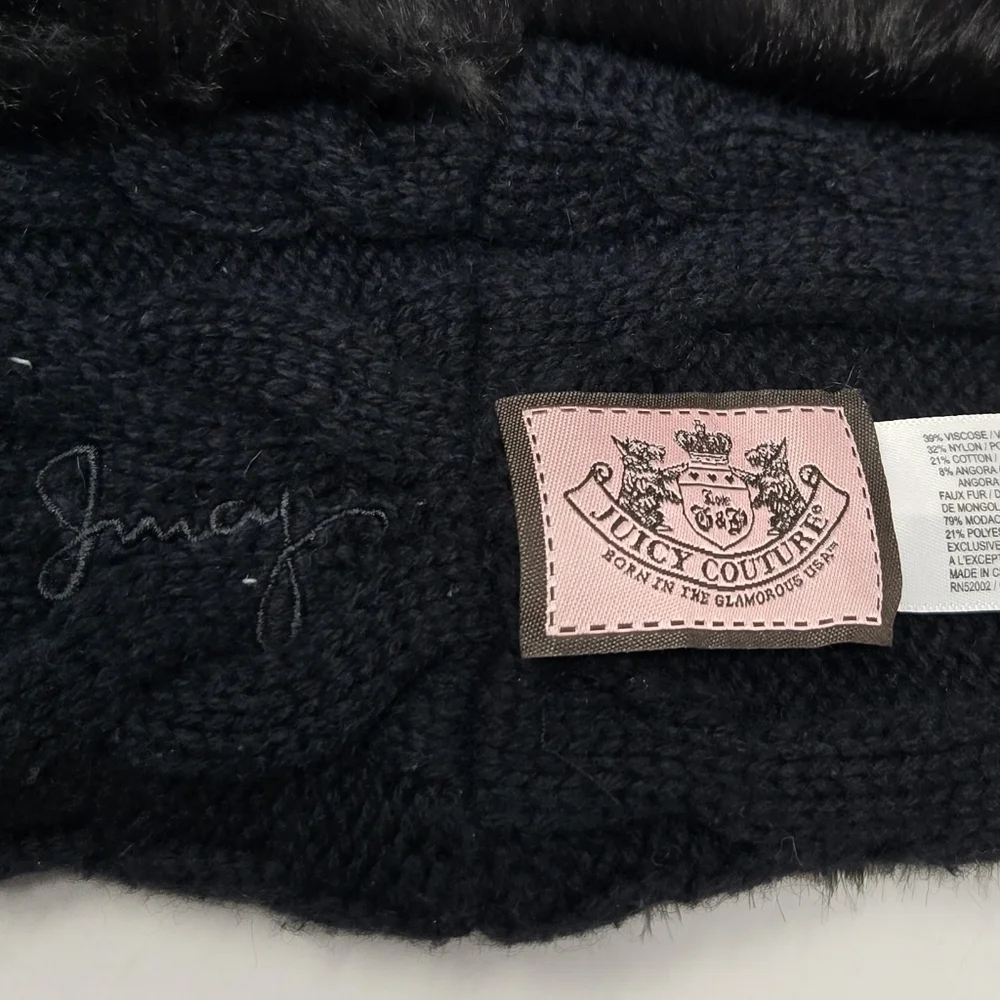 JUICY COUTURE BLACK FAUX FUR INFINITY SCARF CABLE KNIT INTERIOR WINTER WOMEN OS